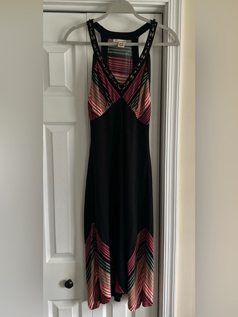DKNY Black Midi Dress with Pink & Green Chevron Accents Medium